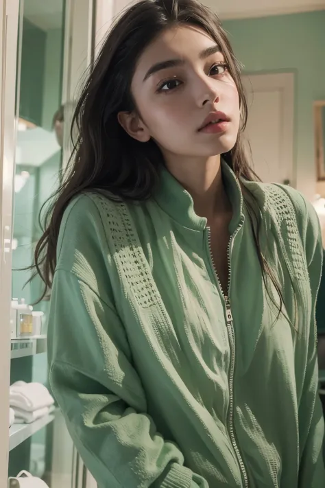 Araped woman with pulled back hair, Mint-colored, stylish bathroom, Madison Beer, without makeup, Profile picture, Use Instagram Filters, Subtle soft and dim light,  perfect face, julia sardinian, perfect hands, Random Actions, Full-body view, 