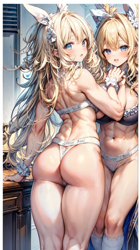 Super detailed、highest quality、Best image quality、masterpiece、8K、Anime Face、A kind smile、Open Mouth、Sparkling Blue Eyes、(Long blonde curly hair:1.3)、Wearing a frilly headband、(SFW huge body)、(((Rear view)))、Cowboy Shot、(Wearing a white thong:1.5)、Muscles o...