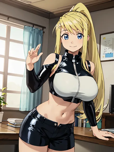 1 girl、blonde、ponytail、blue eyes、super huge breasts、latex tight clothing、shorts、high resolution、highest quality、detailed face、an...