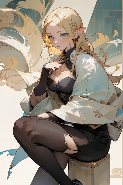 (masterpiece, best quality) detailed, Wearing black tights, silver accessories ,  Blonde ,elegant, Pointed ears ，Chinese element pattern，thigh，漏出thigh，White long skirt，Clothes are torn，Alphonse Mucha，Single Breast