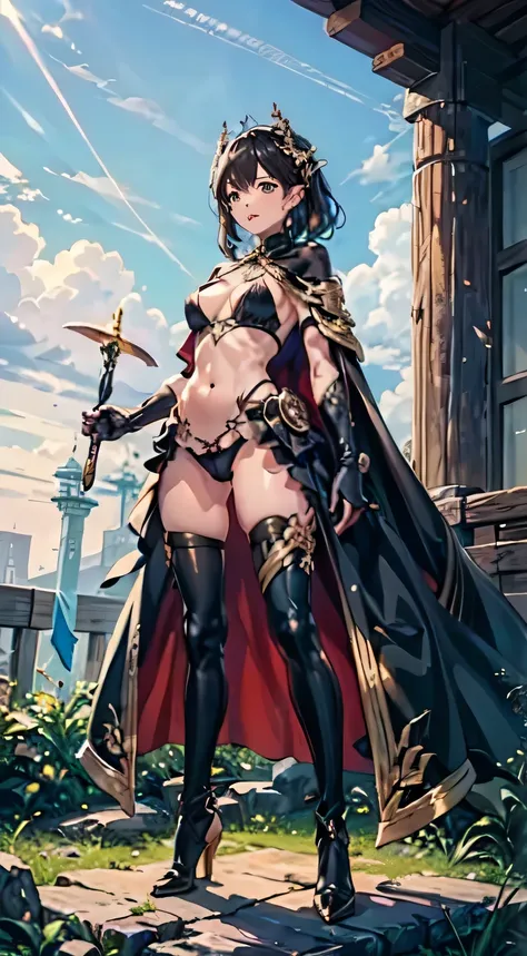 (((masterpiece))),(((best quality))),(((very detailed))), Illustr~toion, (high resolution), high quality, 1girl abs armor gloves_boots bikini_armor boots chest ...cape cleavage clothing colored_C Panties, contrasting dark skin_dark skin_female fantasy fema...