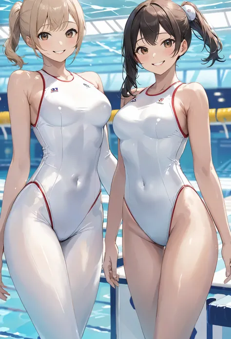 masterpiece、highest quality、High resolution、Two realistic girls、Competitive swimmer、Close-up of a person、Wearing a white bodysuit、During Competitive swimmerics competitions、smile、Swimming Venues、sexy competitive swimwear