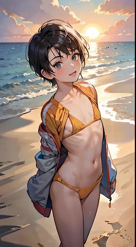 exposed female genitals, ，The crotch is exposed，Tanned girl in a swimsuit standing on the beach、short hair，Baby Face，Illuminated by the setting sun，Beautiful sunset，Look at the viewer and smile、Flat Chest，Put your arms behind your back