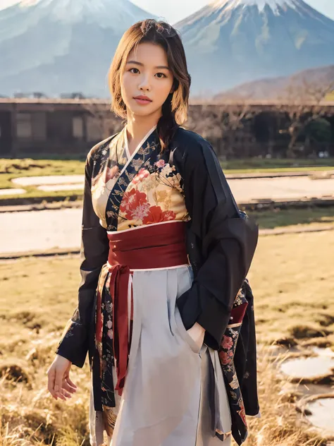 ((Half body Portrait of Beautiful Young Japanese Woman )), (( Traditional kimono outfit)), High-class Lady,( Meiji Fashion Style),(( Vintage Color Photo)),((Outdoor photography in a beautiful meadow)) (( In the background is Mount Fuji with snow covering t...