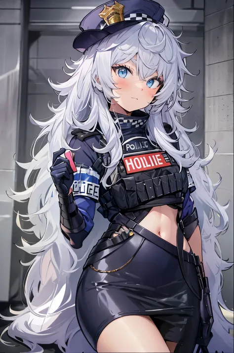(pov),leaning on person, embarrassed ,blush,1girl, solo, long hair, blue eyes, white hair, messy hair, skinny,hat, black gloves, white socks, police uniform,(black pencil skirt), short sleeves,perfect anatomy,masterpiece,high resolution, ultra-detailed,gam...