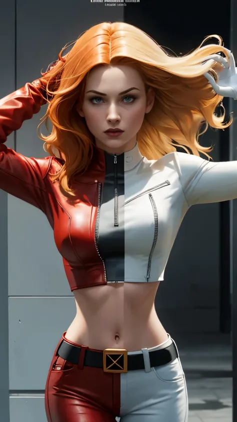 (High resolution), (highly detailed), (high quality,) realistic, beautiful, BREAK 1girl, jean-grey, SplitScreen, split screen, orange hair, belt, red leather crop top jacket, unzip, black top shirt, red gloves, red leather pants, BREAK 1girl, Emma Frost, S...