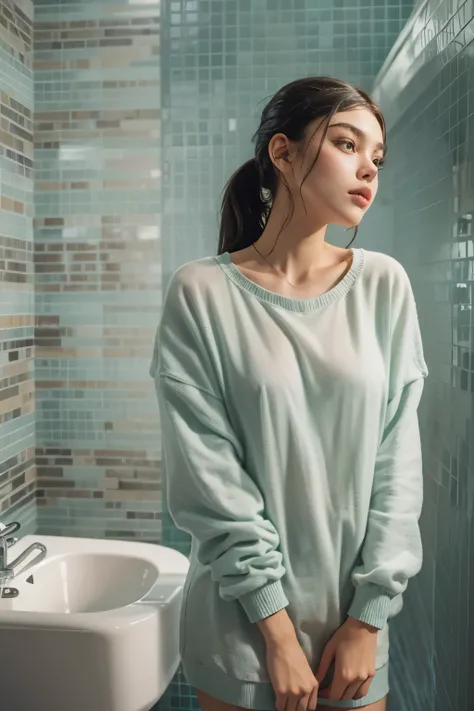 Araped woman with pulled back hair, Mint-colored, stylish bathroom, Madison Beer, without makeup, Profile picture, Use Instagram Filters, Subtle soft and dim light,  perfect face, julia sardinian, perfect hands, Random Actions, Full-body view, 