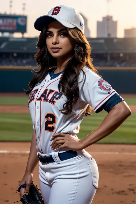 a gorgeous Priyanka Chopra, age 25, wavy hair in the wind. shes a men magazine model, She has a subtle smile and flirts with the camera, (she wears a baseball uniform with full length pants and baseball cap:1.2), (she is a pitcher standing on the pitchers ...