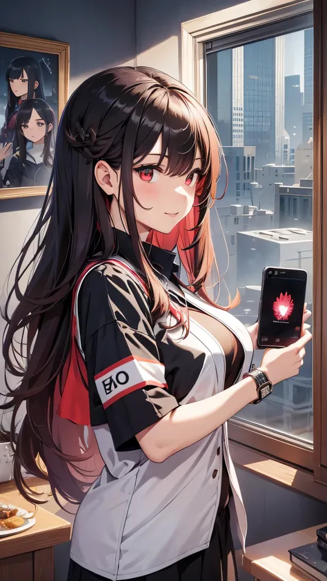 最high quality、Best image quality、masterpiece、girl((20-year-old、 By becoming、Best Bust、Medium Bust,Wide open breast tea、red glowing eyes, Black and red hair、Disheveled Hair、Long Hair、thin,The highest valley、white long shirt、Open chest、White wristband、smile、...