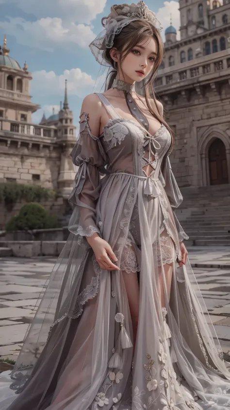 （8k， RAW photos， Best quality， masterpiece：1.2），（Realistically， Shoot real：1.4)
Lolita clothing，Lace， Iris Gainsborough， Upper part of the body， underwear，Expose bare shoulders， external， ancient castle， high quality， Adobe Lightroom， High Detail Skin， Loo...