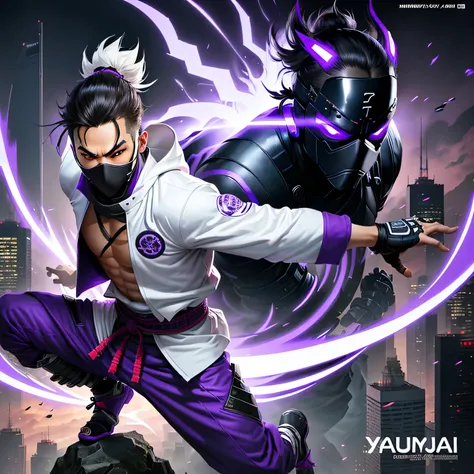 samurai Ninja, jump form highest building, male, at cyber city, wear mask, white & purple jacket, full body covered, realistic, ultra high resolution, head down and lages up, top text says "NINJA", fasion magazine, magazine cover