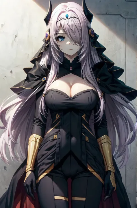 victoria horns, tiara, veil, black bodysuit, shoulder armor, long sleeves, cleavage cutout, black gloves, black overskirt, black pants
