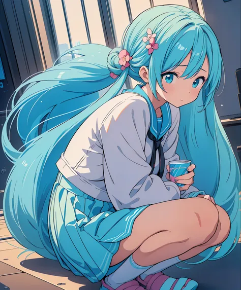 (masterpiece、highest quality、highest quality、Official Art、Beautiful and beautiful:1.2)、(One girl:1.3)Hatsune Miku、Twin tails,Big Breasts,(Dynamic Angle:1.4), Hatsune Miku,1 girl,Holding a cup,Anime girl squatting on the floor,Produced by anime artist studi...