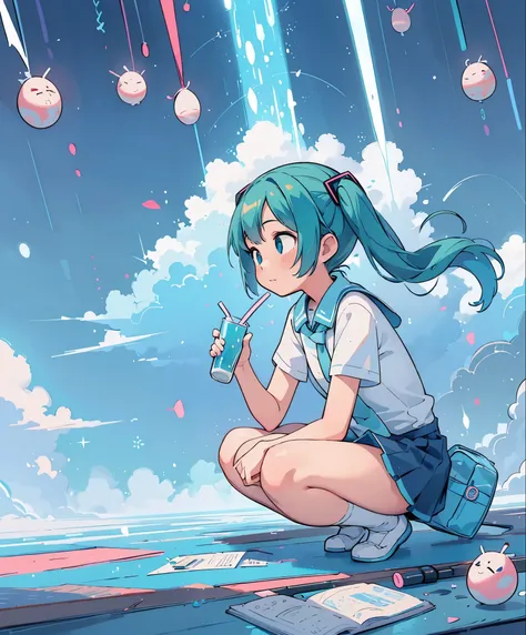 (masterpiece、highest quality、highest quality、Official Art、Beautiful and beautiful:1.2)、(One girl:1.3)Hatsune Miku、Twin tails,Big Breasts,(Dynamic Angle:1.4), Hatsune Miku,1 girl,Holding a cup,Anime girl squatting on the floor,Produced by anime artist studi...