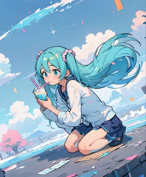 (masterpiece、highest quality、highest quality、Official Art、Beautiful and beautiful:1.2)、(One girl:1.3)Hatsune Miku、Twin tails,Big Breasts,(Dynamic Angle:1.4), Hatsune Miku,1 girl,Holding a cup,Anime girl squatting on the floor,Produced by anime artist studi...