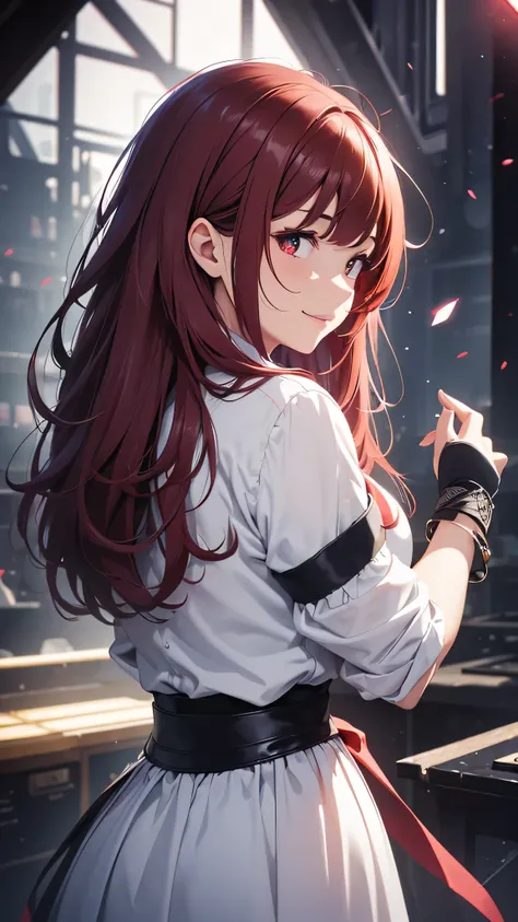 最high quality、Best image quality、masterpiece、girl((20-year-old、 By becoming、Best Bust、Medium Bust,Wide open breast tea、red glowing eyes, Black and red hair、Disheveled Hair、Long Hair、thin,The highest valley、White shirt、Red Skirt、Open chest、White wristband、s...