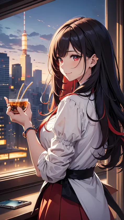 最high quality、Best image quality、masterpiece、girl((20-year-old、 By becoming、Best Bust、Medium Bust,Wide open breast tea、red glowing eyes, Black and red hair、Disheveled Hair、Long Hair、thin,The highest valley、White shirt、Red Skirt、Open chest、White wristband、s...