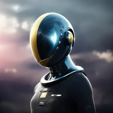 a close up of a figure in a black and gold helmet, futuristic clothing and helmet, style hybrid mix of beeple, astronaut cyberpu...