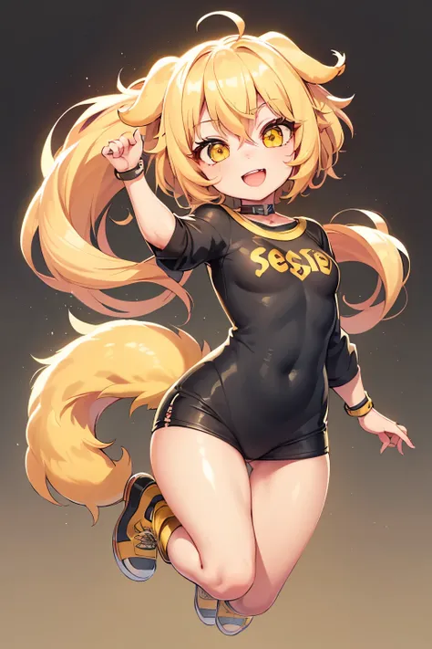 girl, full body, cartoon style, chibi style, cute, dog tail, dog ear, beautiful face, smile, yellow color eye, beautiful eye, high detailed pupil, double eyeylid, high detailed skin, high quality skin, yellow color hair, white clothes, masterpiece,