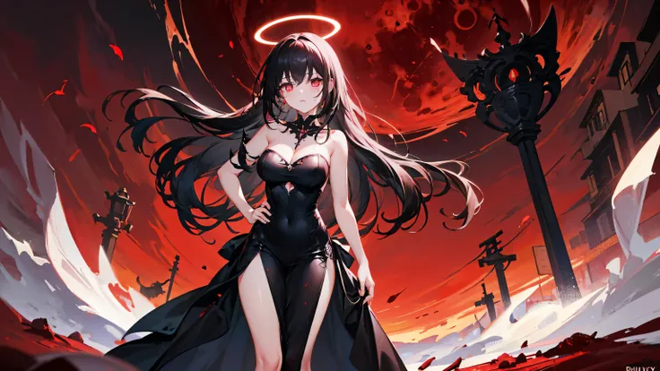 individual，masterpiece, Top quality, Very detailed, Unity 8K Wallpaper，Standing，Lean forward，Big breasts，Black long hair，Girl，Black Strapless Lace High Slit Wedding Dress，Black knee socks，Blood-red thorn halo，Long back pendulum，Blood-colored pupils，Blood，B...