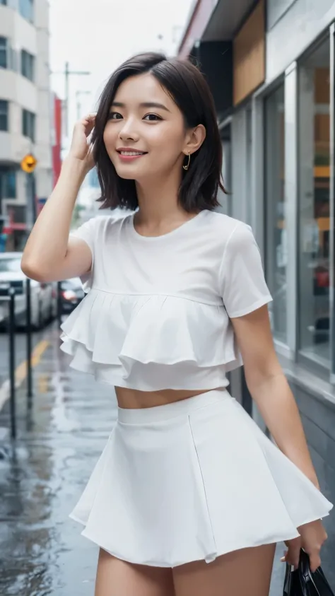 ((Top quality, 8K, Masterpiece: 1.3)), Concentration: 1.2, Perfect body beauty: 1.4, Butt: 1.2, ((Layered cut, Breasts: 1.2)), (Wet clothes: 1.1), ( Rain, street: 1.3), white blouse, blue culotte skirt: 1.1, highly detailed face and skin texture, fine eyes...