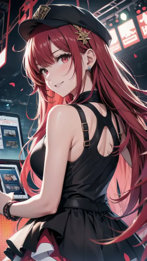 最high quality、Best image quality、masterpiece、girl((20-year-old、 By becoming、Best Bust、Medium Bust,Wide open breast tea、red glowing eyes, Black and red hair、Disheveled Hair、Long Hair、thin,The highest valley、White tank top、Red short skirt、Open chest、White wr...