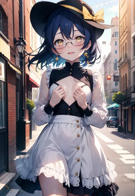 you are so kind, umi sonoda, Long Hair, Blue Hair, (Yellow Eyes:1.5) (Flat Chest:1.2),Black-rimmed glasses,smile,blush,Open your mouth,short braided hair,Headlock,Blue Hat,Blue long skirt one-piece dress,Cute Sandals,Clear skies,Daytime,Light of the sun,Ci...