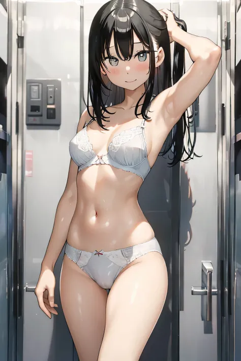 In 8K, highest quality, The real picture, Intricate details, Ultra-detailed, Super A High Resolution, Depth Field,(Photorealistic,Realistic:1.2),masterpiece, 0.25 :: , 、Girl、、12 years old、Black Hair、side tail hair、In underwear、White panties、White bra、Stand...