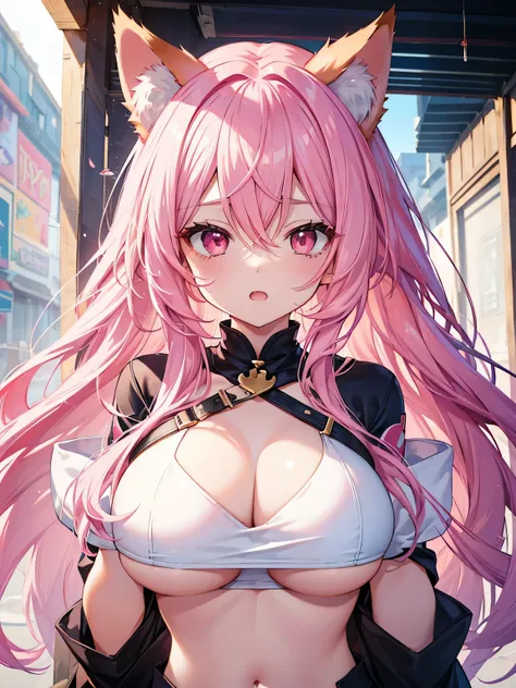 Fox Girl, Large Breasts, Voluminous pink hair, masterpiece , Red eyes, hd, Head to Chest, buried in my chest、Underboob、Double teeth、tooth、Crop top、Pink fox ears