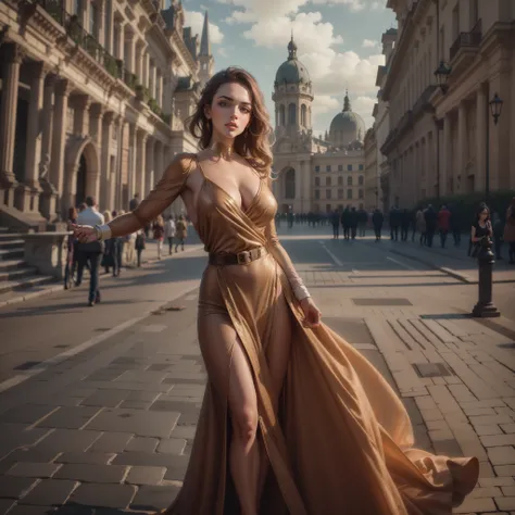 ((best quality)), ((masterpiece)), (detailed), 8k, raw photo, bond woman, low cut dress, glamour shot, cinematic, european city, renatadaninsky