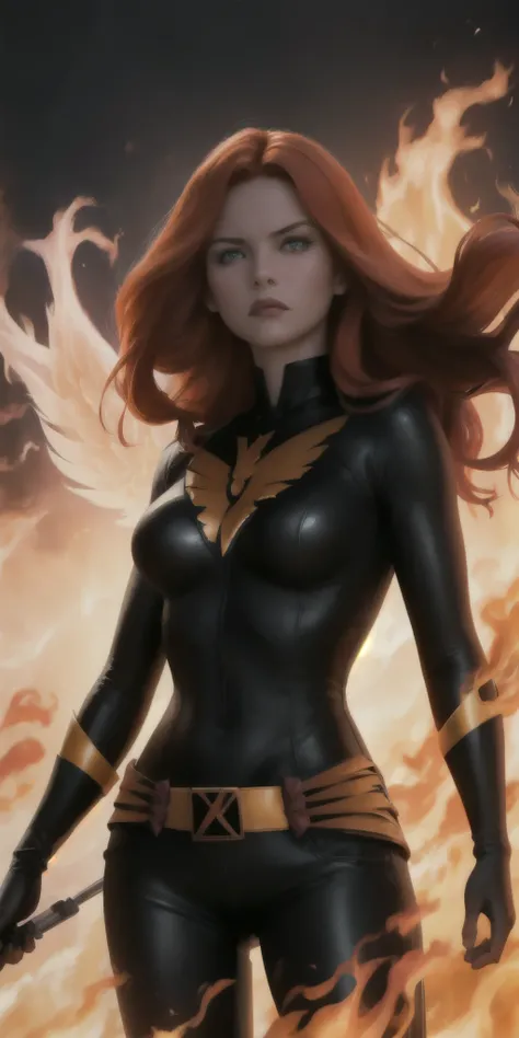 A girl with fiery red hair wearing a sleek black costume, Jean Grey transforms into the powerful Phoenix. Her eyes glow with intense fire, and her lips are beautifully detailed. The focus is on her face, capturing her determined expression and the intense ...