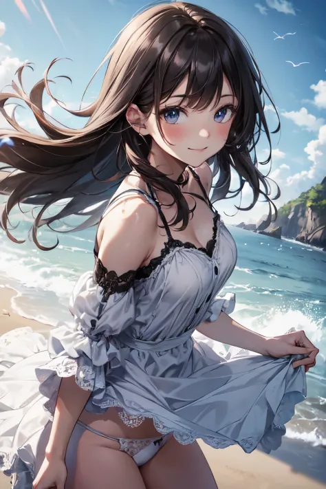 very cute and beautiful girl,frilled white summer dress with detailed lace,(highly detailed beautiful face),
(smile),blush,black hair,looking at viewer,cowboy shot,(skirt lift,white panties),
beach,distant rugged cliffs,
(best quality,masterpiece:1.0),absu...