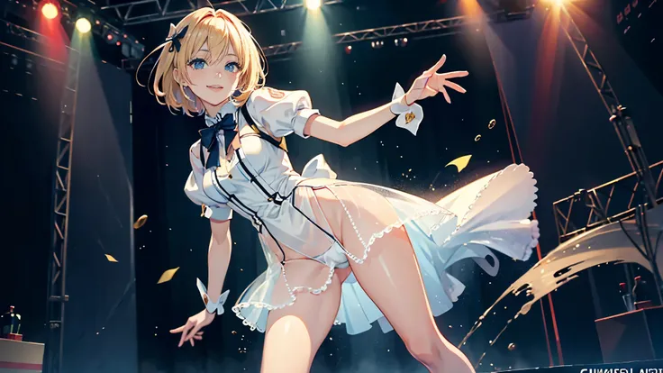 (RAW photo:1.2, photorealistic:1.3), masterpiece:1.4, best quality:1.3, Highest details:1.3, beautiful and aesthetic, extremely detailed CG unity 8k wallpaper,( vibrant colors:1.1), high resolution, see-through white short dress and a bow tie, anime visual...