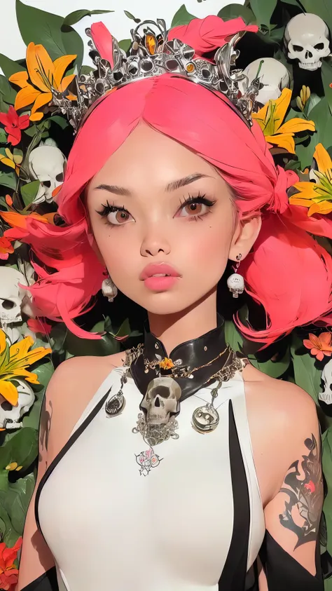 ((Create a picture, a masterpiece), (1 girl - standing at full height, relaxed pose), (Girl with long pink hair, crown, princess, detail), (1 girl, tattoos, glowing tattoos, shiny, white-fluffy 16 +), (pink transparent short dress-clothes)) (sexy, erotic),...
