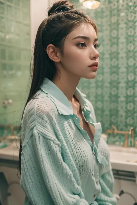 Araped woman with pulled back hair, Mint-colored, stylish bathroom, Madison Beer, without makeup, Profile picture, Use Instagram Filters, Subtle soft and dim light,  perfect face, julia sardinian, perfect hands, Random Actions, Full-body view, 