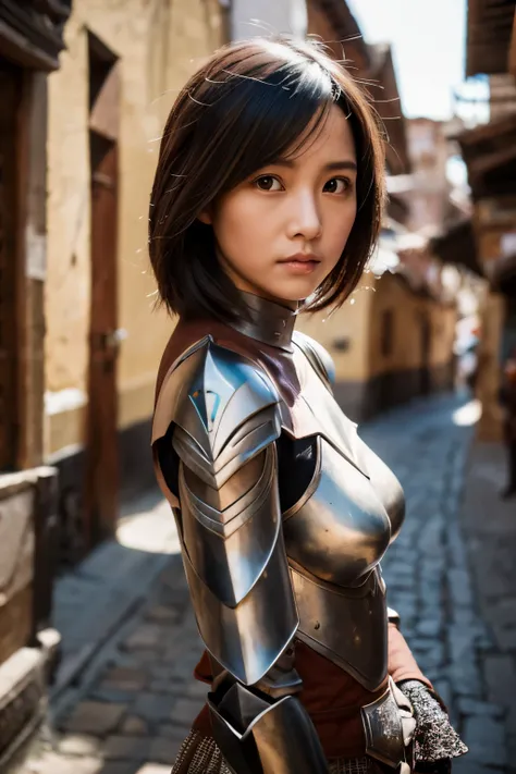 In a cobblestone town, Very detailed, Seven Avatars,real, Rin々A beautiful woman, 32 years old, Upper Body ,Serious expression, short hair ,Ornately decorated armor, Helmet with a visible face