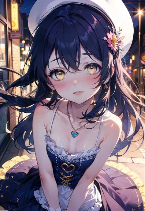 you are so kind, umi sonoda, Long Hair, Blue Hair, (Yellow Eyes:1.5) (Flat Chest:1.2),smile,blush,Open your mouth,Headlock,Blue Hat,Blue long skirt one-piece dress,Cute Sandals,Bare shoulders,Bare arms,bare clavicle,Bare neck,Heart Necklace,Clear skies,Day...