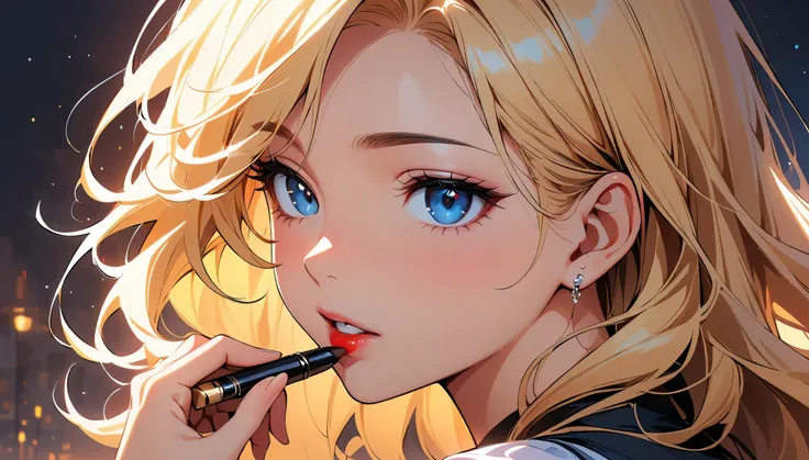 (high quality, 8k, 4K, High Contrast, masterpiece:1.2, 最high quality, Best aesthetics), Beautiful woman paints her lips with lipstick. Beautiful woman face, The finer details, 