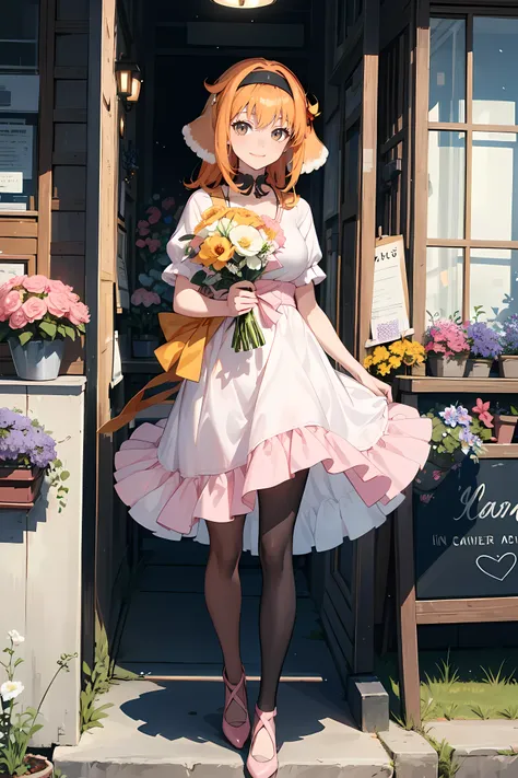 ((woman dressed holding flowers and flowers near a store window)),1girl, flower, solo, (dog ears), [[orange hair]], pantyhose, b...