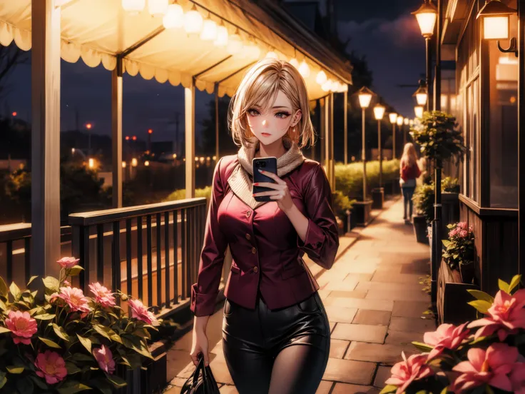 beautiful woman, street lights at night, playing with smartphone, hot pants, fragrant pink flowers, passers-by, night scene grad...