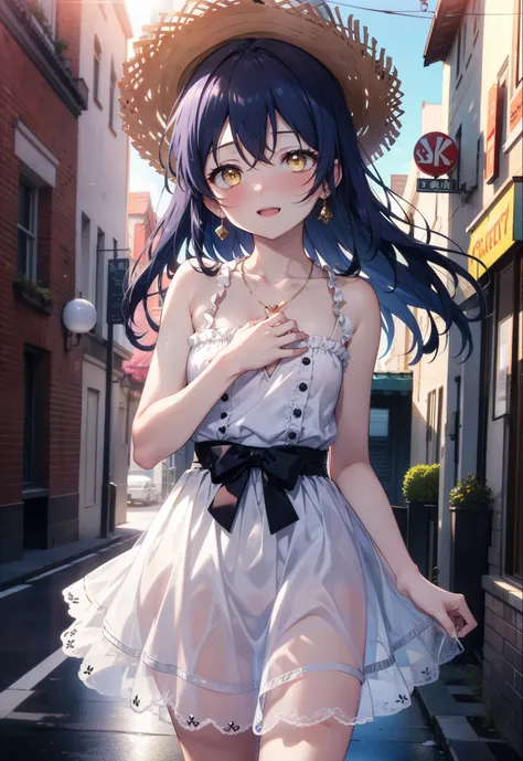 you are so kind, umi sonoda, long hair, blue hair, (yellow eyes:1.5) (flat chest:1.2),smile,blush,open your mouth,straw hat,blue...