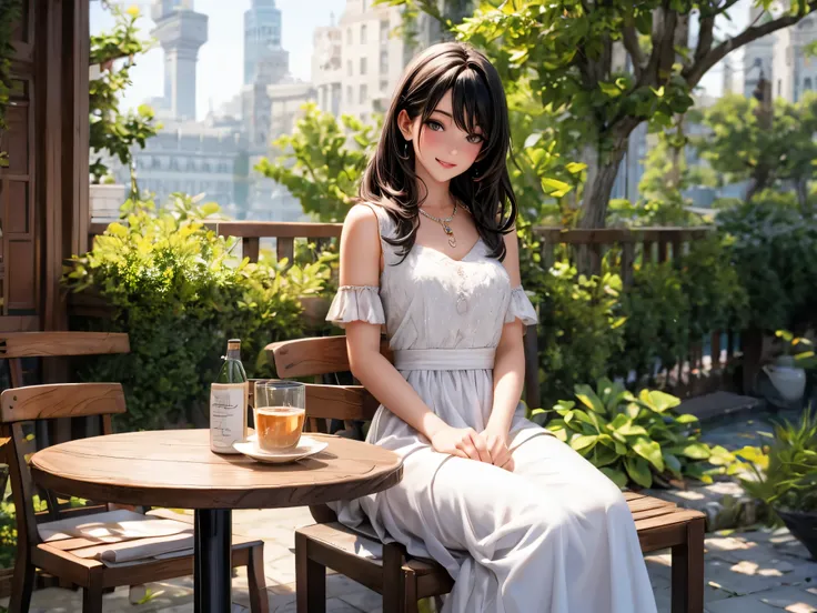 (Higher resolution, clearly_image) best quality, A woman, masterpiece, Very detailed, Semi-realistic, 26 years old, fair, young, Handsome, White and blue staggered dress, Small gemstone necklace around neck, External, Cafe Seating, window, sitting, afterno...