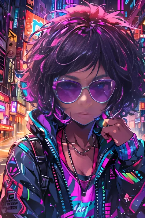 Amidst the vibrant neon glow of the night district, A girl, cool, cold-hearted, Gaming t-shirts decorated with rainbow-colored lights,  large two-tone afro, added an extra burst of luminescence to her appearance, Sunglasses shielded her eyes, adding an air...