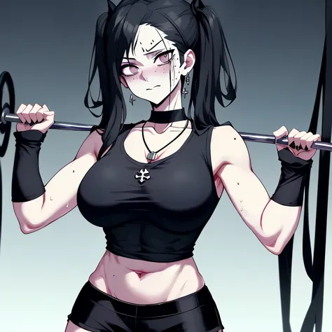 a very sweaty goth with a perfect body, wearing a black blouse and gym shorts and a necklace with the ankh symbol, seios enormes,levantando peso em uma academia