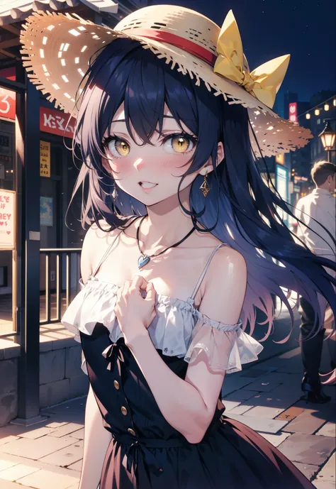 you are so kind, umi sonoda, Long Hair, Blue Hair, (Yellow Eyes:1.5) (Flat Chest:1.2),smile,blush,Open your mouth,Straw hat,Blue long skirt one-piece dress,Cute Sandals,Bare shoulders,Bare arms,bare clavicle,Bare neck,Heart Necklace,Clear skies,Daytime,Lig...