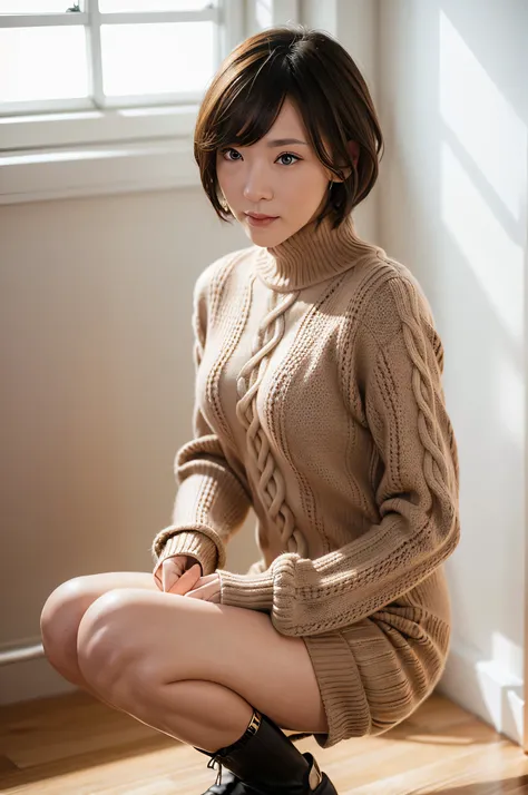 full body, (cable knit mini bodycon dress:1.2) ,1girl,solo,
(8k, RAW photo, best quality, masterpiece:1.3),(realistic, photo-realistic:1.37),realistic skin texture,(photorealistic:1.3),(hyperrealistic:1.2), short hair, squatting, (brick-colored clothes)