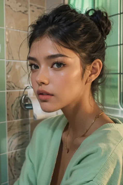 Araped woman with pulled back hair, Mint-colored, stylish bathroom, Madison Beer, without makeup, Profile picture, Use Instagram Filters, Subtle soft and dim light,  perfect face, julia sardinian, perfect hands, Random Actions, Full-body view, 