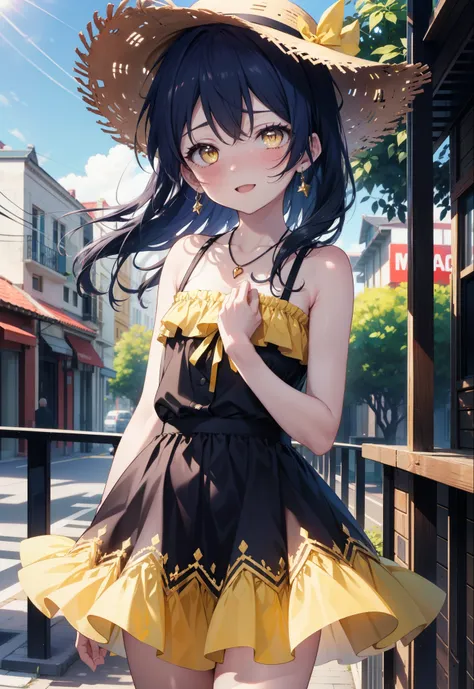 you are so kind, umi sonoda, Long Hair, Blue Hair, (Yellow Eyes:1.5) (Flat Chest:1.2),smile,blush,Open your mouth,Straw hat,Blue long skirt one-piece dress,Cute Sandals,Bare shoulders,Bare arms,bare clavicle,Bare neck,Heart Necklace,Clear skies,Daytime,Lig...