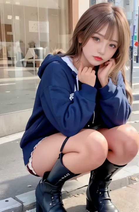 (a sophisticated glamour model wearing a blue hoodie and black boots) 

(best quality, realistic, ultra-detailed) A sophisticated glamour model wearing a blue hoodie and black boots is squatting on the sidewalk. She possesses a youthful and attractive appe...