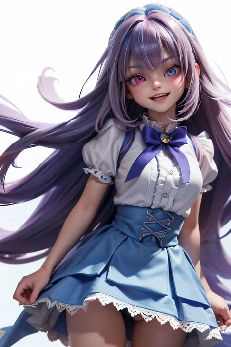 (1 cute girl:1.1), (16 years old), (lavender hair:1.15), straight hair, (asymmetrical bangs:1.15), (narrow eyes:1.1), (half-closed eyes), (heterochromia:1.2), (red eye and blue eye:1.2), joyful, (evil smile:1.1), (open mouth:1.1), Focus on Face, (spread ar...